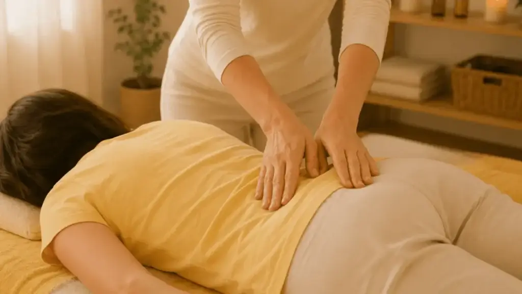 Therapeutin behandelt sanft den unteren Rücken einer Patientin.