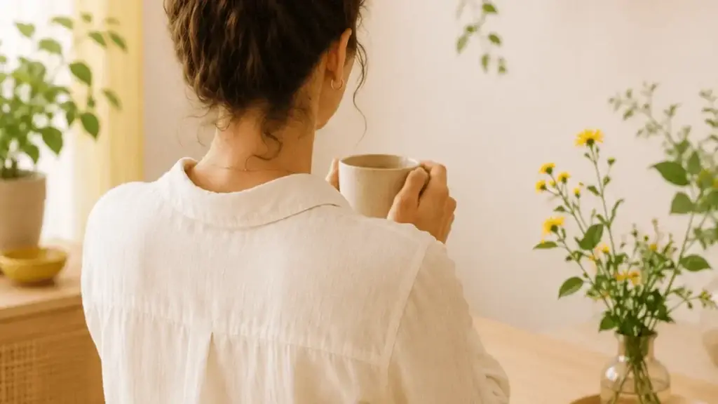 Frau genießt einen ruhigen Moment mit einer Tasse Tee.