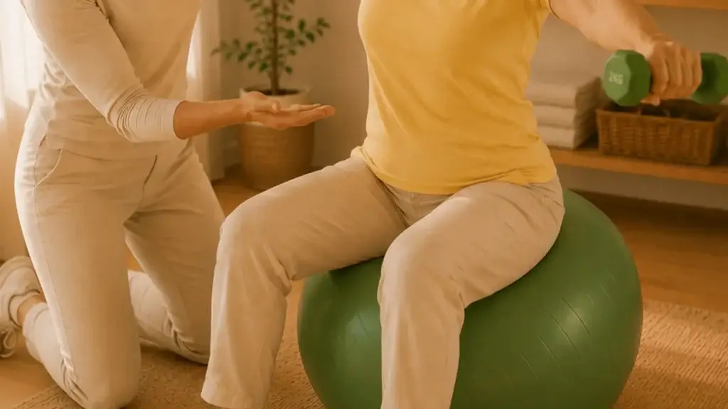 Physiotherapeutin begleitet eine Übung auf dem Gymnastikball.