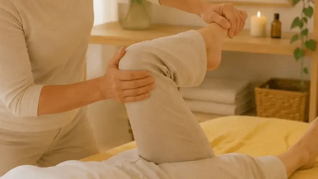 Physiotherapeutin mobilisiert das Knie einer Patientin.
